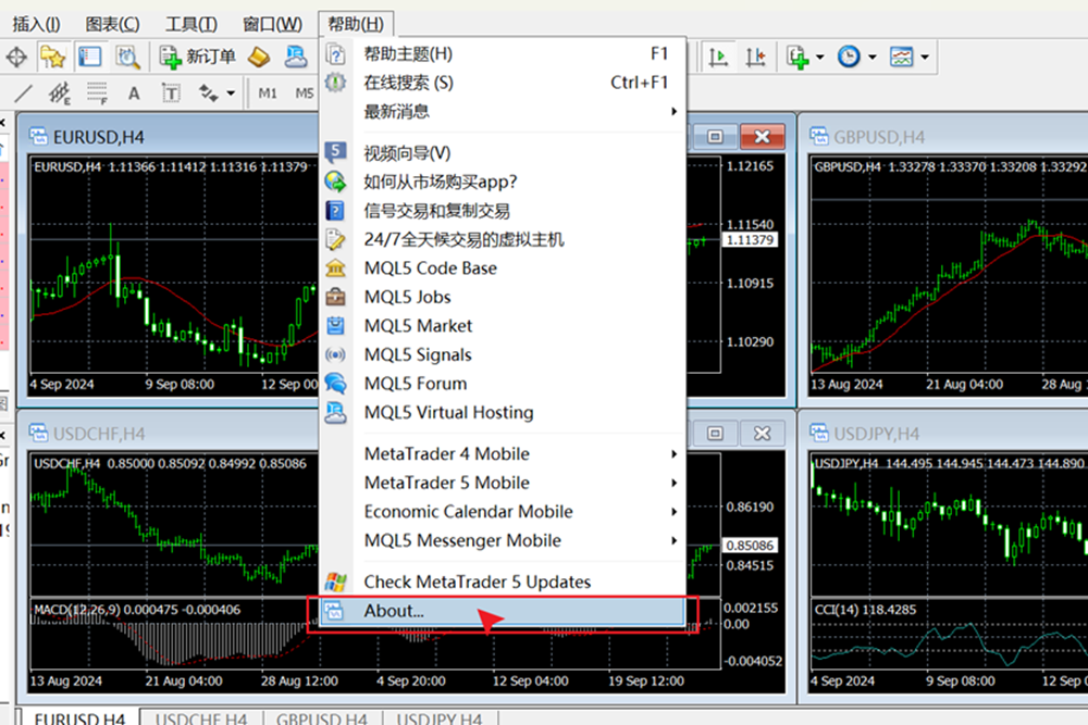 MT4电脑端帮助菜单-关于