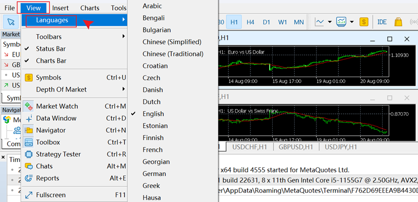 MT4电脑端查看菜单-Languages