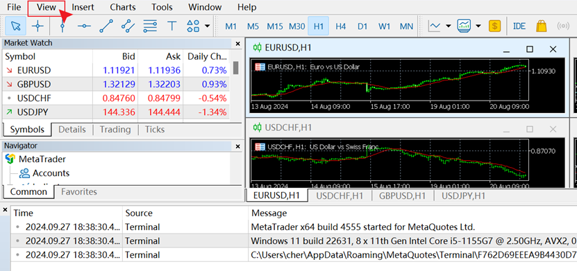 MT4电脑端顶部菜单栏-查看（View）