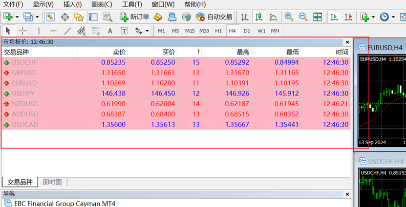 MT4电脑端市场报价窗口项目显示