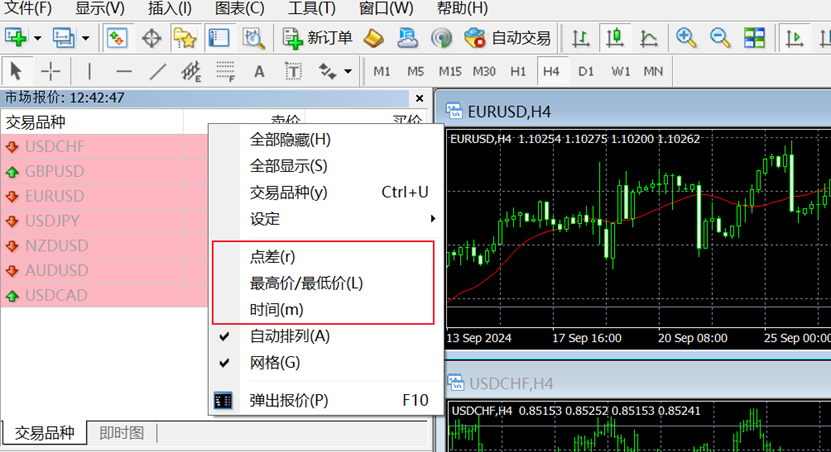 MT4电脑端市场报价窗口菜单列表-类型选择