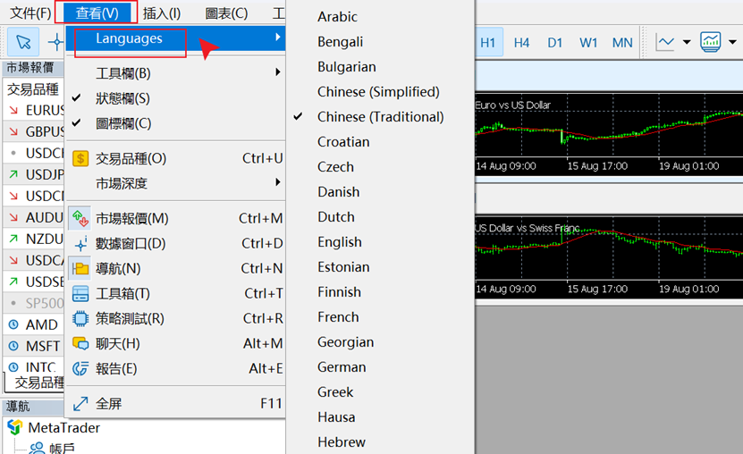 MT4电脑端查看菜单-Languages