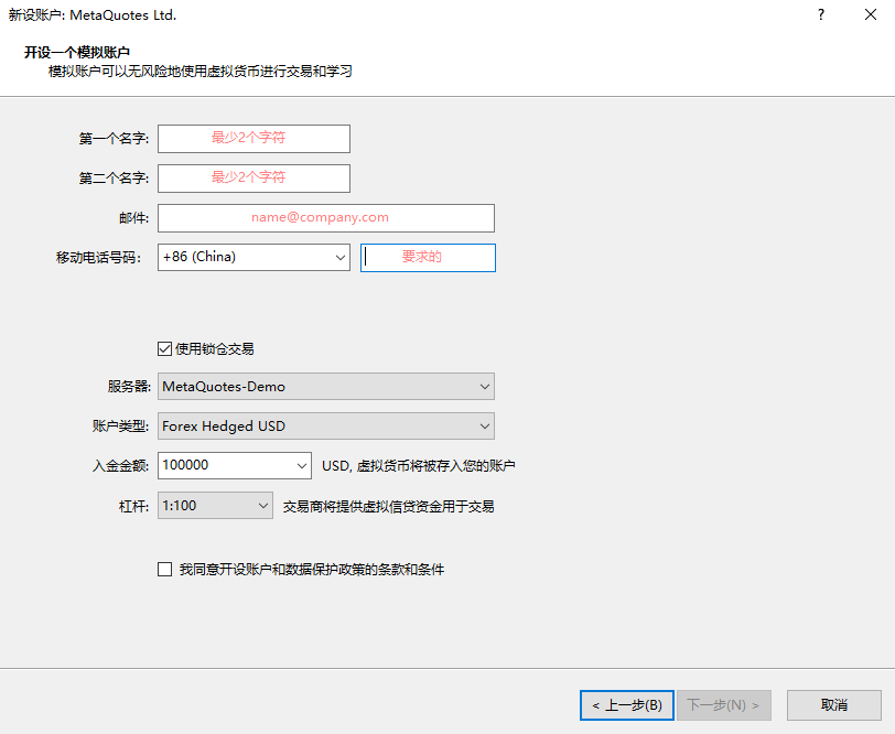 MT5模擬帳號資訊填寫頁面