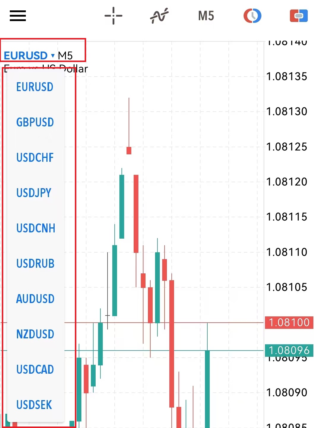 MT5安卓手机端图表页面更换交易品种