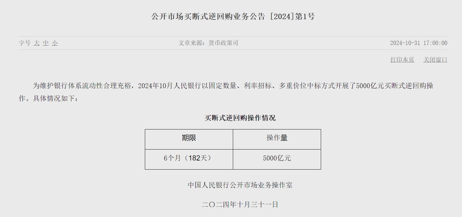 央行：10月进行了5000亿元买断式逆回购操作 - 图片1