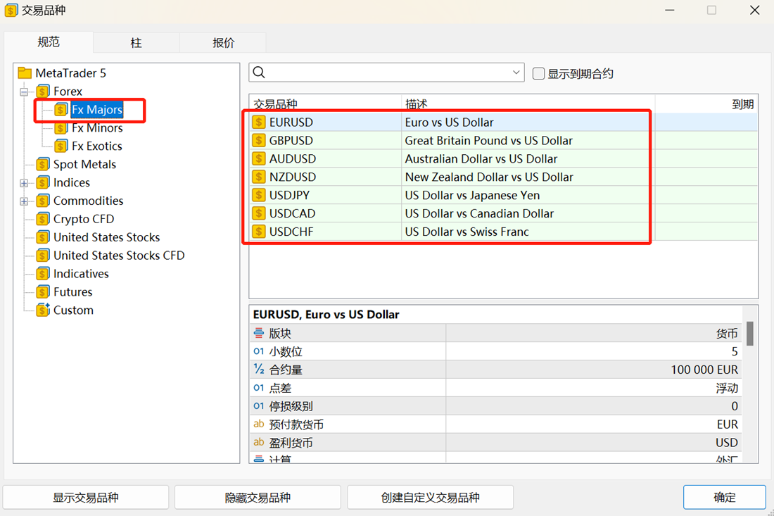 MT5电脑版交易品种窗口移除条目选择