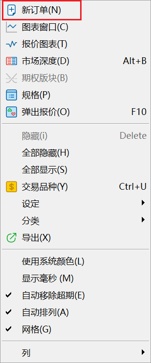 MT5电脑端交易品种菜单列表-新订单
