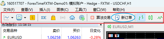 MT5电脑版页面顶部功能栏-新订单