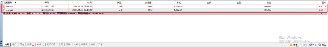 MT5电脑版底部工具箱交易窗口开仓成功查验