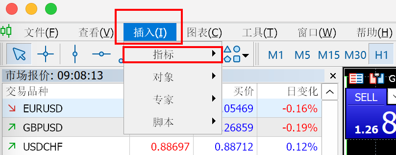 MT5 Mac版插入菜单-指标