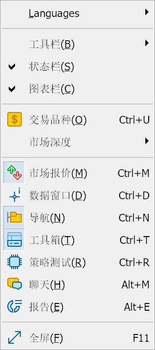 MT5 Mac版界面主菜单-查看菜单