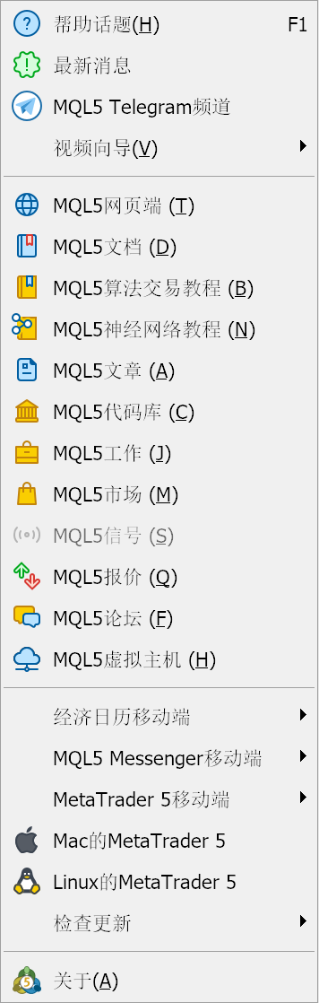 MT5 Mac版界面主菜单-帮助菜单