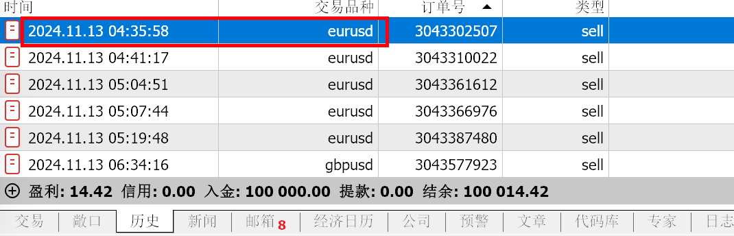 MT5 Mac版工具箱历史页面-历史交易条目