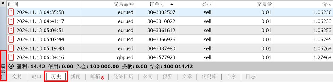 MT5 Mac版工具箱历史页面