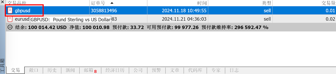 MT5苹果电脑端工具箱交易窗口执行订单右键菜单调出