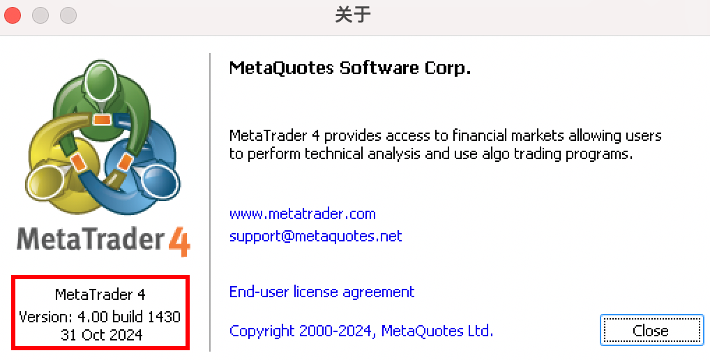 MT4 Mac版软件版本信息确认