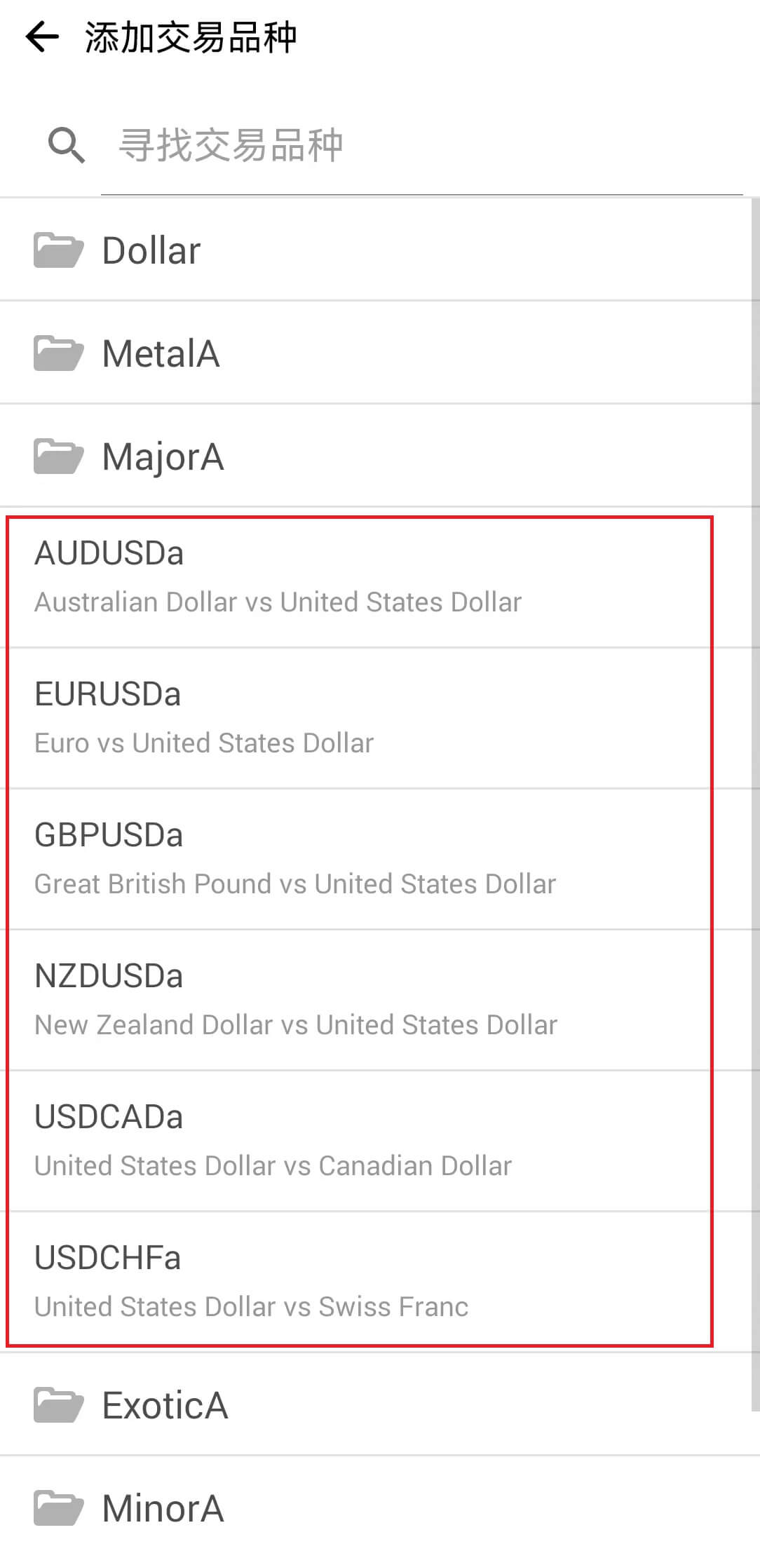 MT4安卓手机版交易品种添加-具体交易品种选择