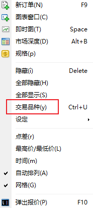 MT4 Windows版报价窗口右键菜单-交易品种