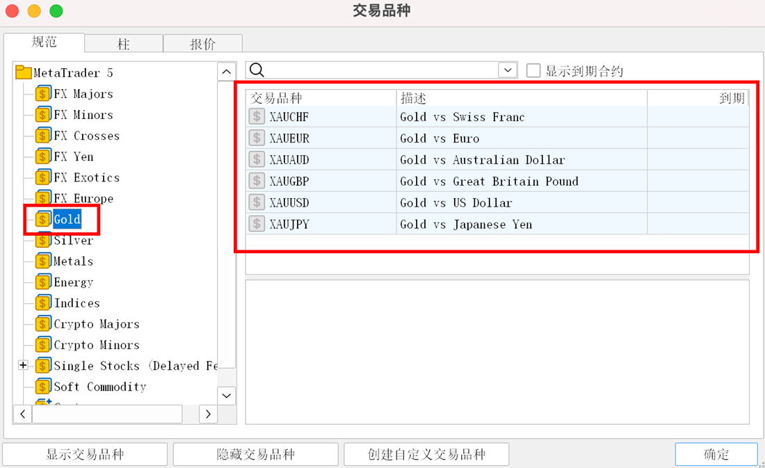 MT5 Mac版交易品种窗口黄金交易品种展开