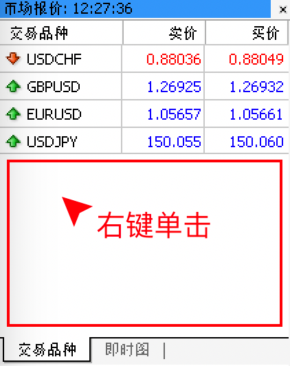 MT4苹果电脑版页面左侧报价窗口空白位置右击