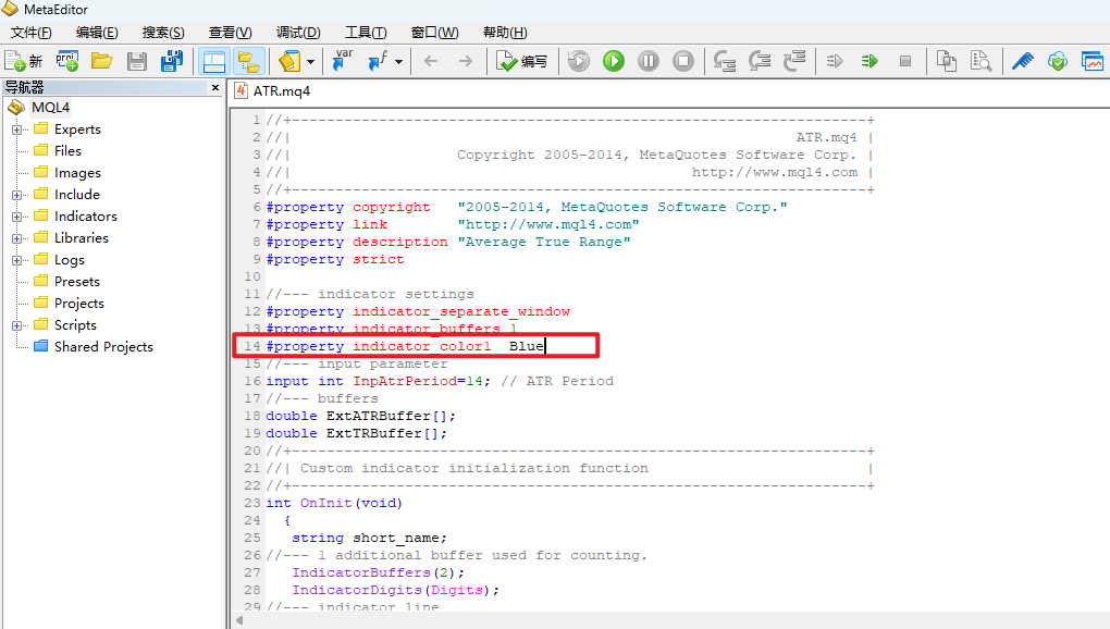 MT4电脑版MetaEditor编辑窗口-指标颜色代码