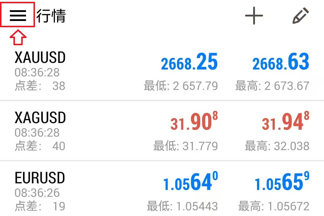 MT4安卓手機版行情頁面側邊欄標識