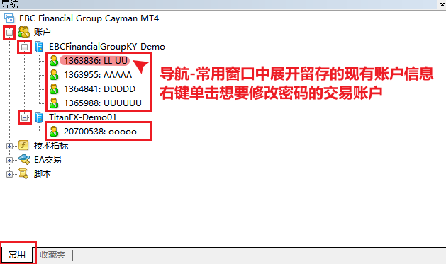 MT4電腦版頁面導覽視窗展開具體交易帳號訊息