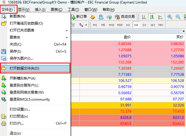 MT4电脑版文件菜单-打开数据文件夹