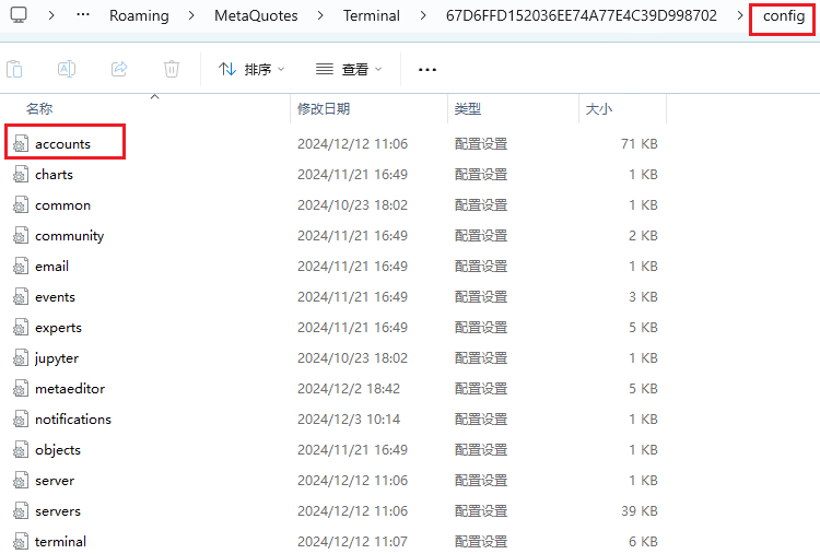 MT4电脑版config数据文件夹-accounts配置文件