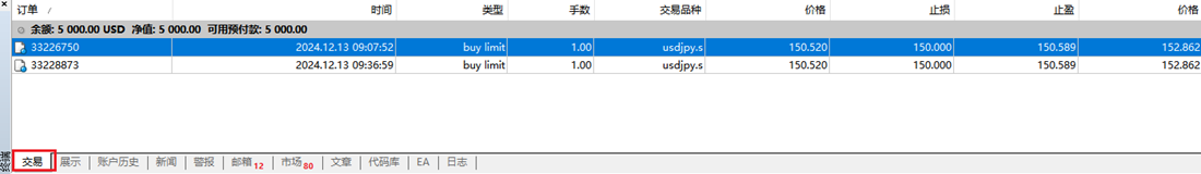 MT4电脑版终端窗口-外汇挂单详情查看