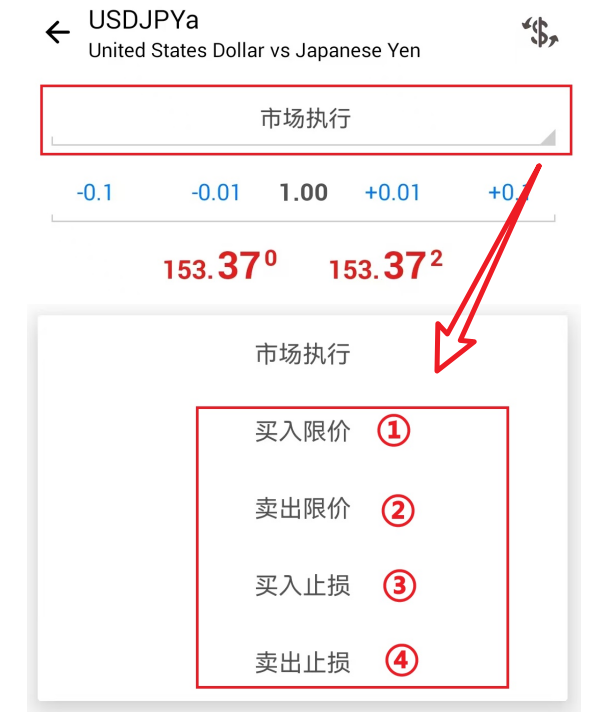 MT4安卓手机版挂单交易设置-挂单类型选择