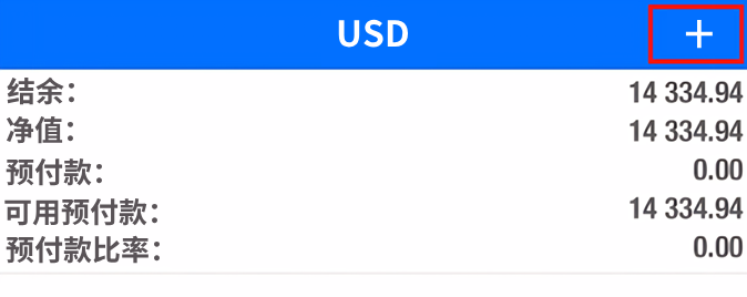 MT4 iOS版交易页面右上角加号按钮