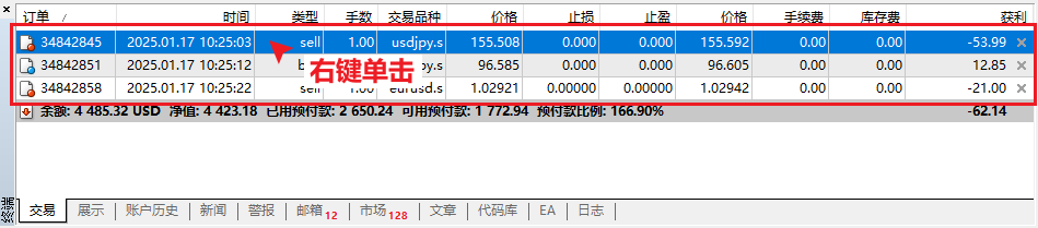 MT4-右鍵點選交易訂單