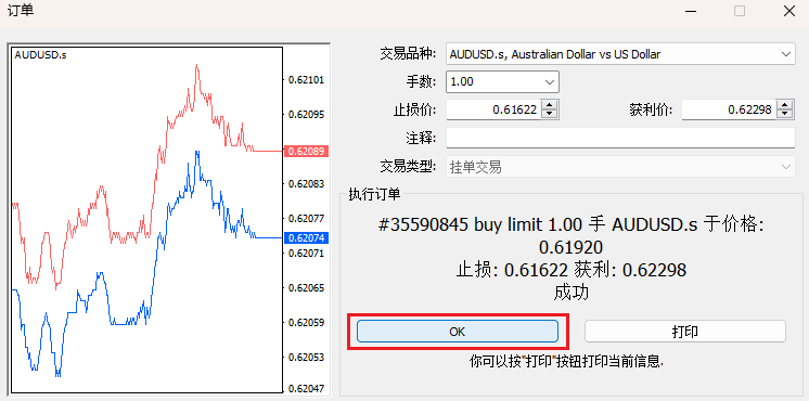 MT4限價買單已創建