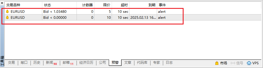 MT5價格報警信息查看